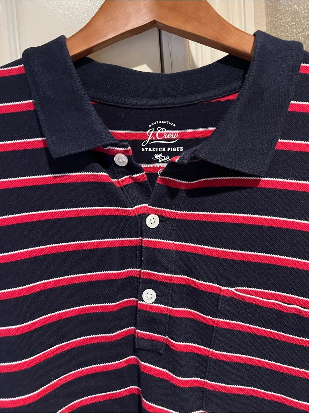 J. Crew Men’s Navy & Red Striped Stretch PiQue Polo Shirt w/ Pocket Sz M